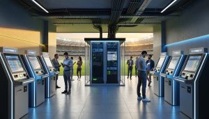 Wide eye-level view of a Brazilian stadium concourse showing a new betting lounge with sleek kiosks, a glass-walled server room, overhead cable trays, technicians, and a softly blurred view of the stadium bowl.