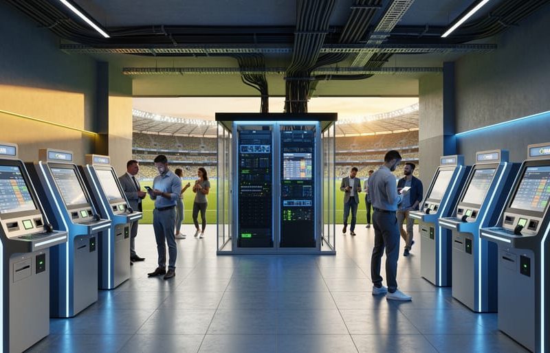 Wide eye-level view of a Brazilian stadium concourse showing a new betting lounge with sleek kiosks, a glass-walled server room, overhead cable trays, technicians, and a softly blurred view of the stadium bowl.