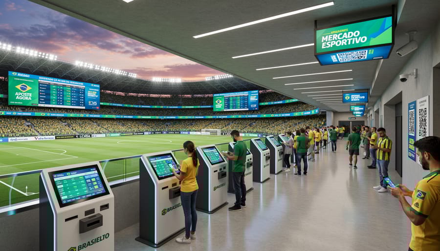 Modern Brazilian football stadium exterior lit up at dusk showing contemporary architectural design