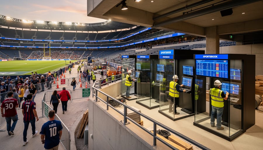 Construction workers installing infrastructure during stadium retrofit project