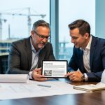 Architect and project manager review content on a tablet at a conference table with hardhats and rolled blueprints, with city cranes and shelves of trade journals softly blurred behind glass walls.
