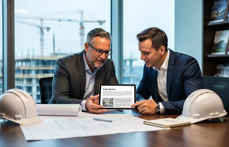 Architect and project manager review content on a tablet at a conference table with hardhats and rolled blueprints, with city cranes and shelves of trade journals softly blurred behind glass walls.