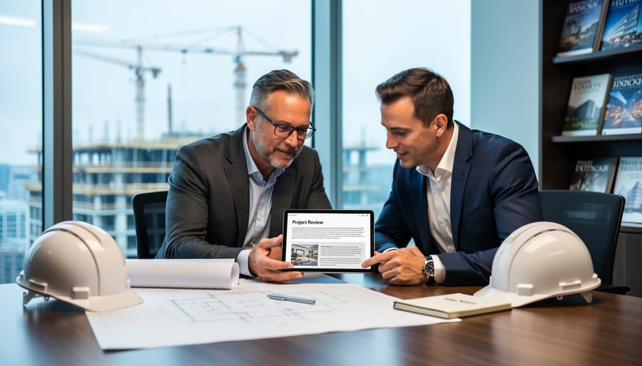 Architect and project manager review content on a tablet at a conference table with hardhats and rolled blueprints, with city cranes and shelves of trade journals softly blurred behind glass walls.
