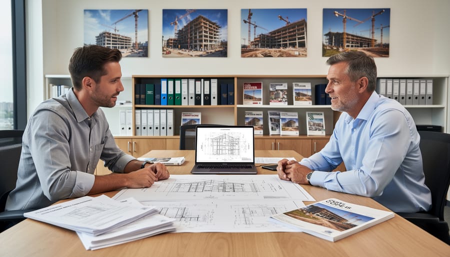 Construction professional reviewing technical documents and industry publications at desk