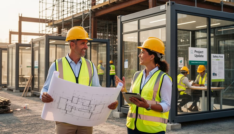 Construction team collaborating on site with digital tools in professional setting