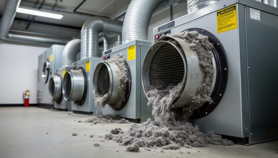 Cross-section of commercial dryer vent duct severely clogged with gray lint buildup