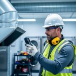 Technician in safety gear uses a handheld anemometer to test airflow at an open cleanout panel on stainless-steel commercial dryer ductwork, with stacked industrial dryers softly blurred in the background.