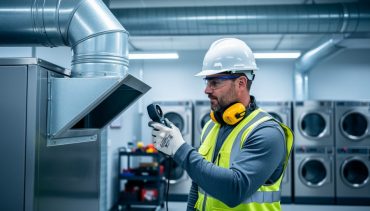Technician in safety gear uses a handheld anemometer to test airflow at an open cleanout panel on stainless-steel commercial dryer ductwork, with stacked industrial dryers softly blurred in the background.