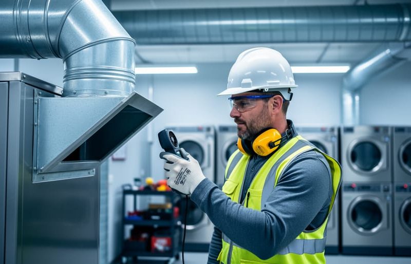 Technician in safety gear uses a handheld anemometer to test airflow at an open cleanout panel on stainless-steel commercial dryer ductwork, with stacked industrial dryers softly blurred in the background.