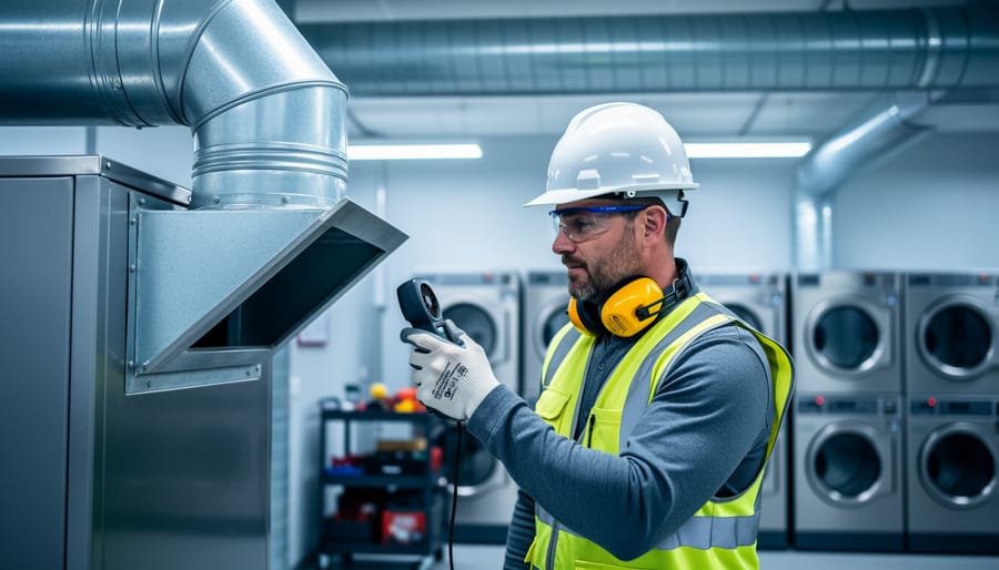 Technician in safety gear uses a handheld anemometer to test airflow at an open cleanout panel on stainless-steel commercial dryer ductwork, with stacked industrial dryers softly blurred in the background.