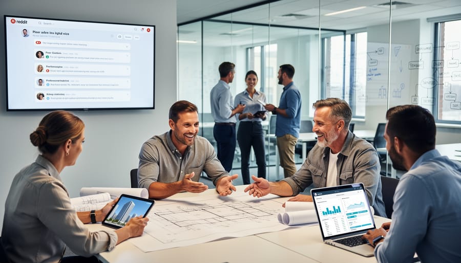 Construction industry professionals collaborating in modern office meeting