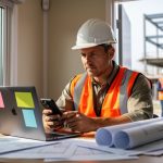 Construction project manager in hard hat and safety vest working on a laptop beside blueprints in a jobsite trailer, smartphone nearby, with a crane and crew blurred in the background, suggesting online community engagement influencing construction marketing.