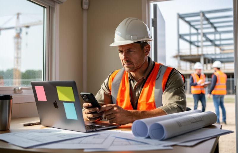 Construction project manager in hard hat and safety vest working on a laptop beside blueprints in a jobsite trailer, smartphone nearby, with a crane and crew blurred in the background, suggesting online community engagement influencing construction marketing.