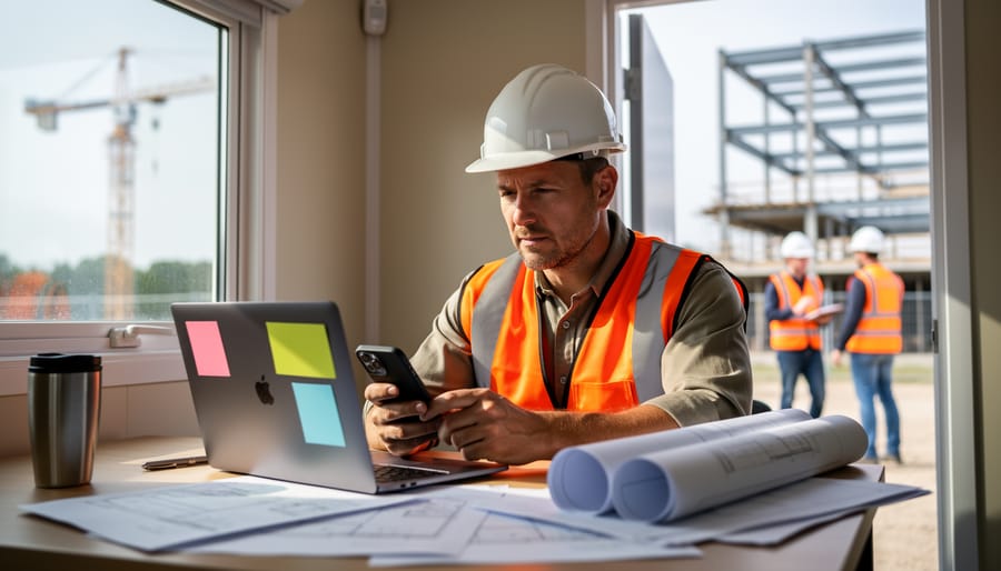 Construction project manager in hard hat and safety vest working on a laptop beside blueprints in a jobsite trailer, smartphone nearby, with a crane and crew blurred in the background, suggesting online community engagement influencing construction marketing.
