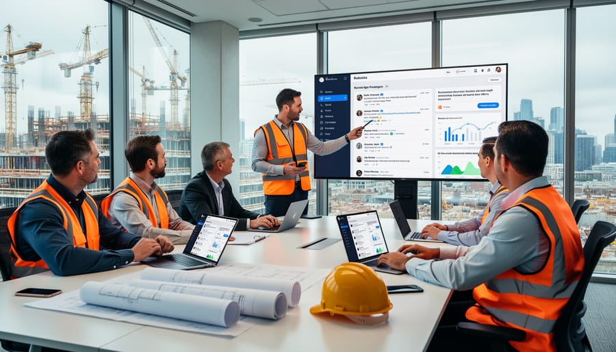 Business professional using laptop to browse Reddit in modern office with construction materials visible