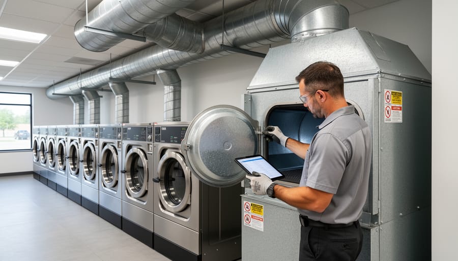 Building inspector examining commercial dryer vent system during compliance inspection