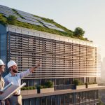 Two architects in hard hats point toward a modern office building featuring a green roof, rooftop solar panels, and shading fins, photographed from a low angle at golden hour with the city skyline softly in the background.