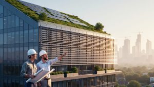 Two architects in hard hats point toward a modern office building featuring a green roof, rooftop solar panels, and shading fins, photographed from a low angle at golden hour with the city skyline softly in the background.