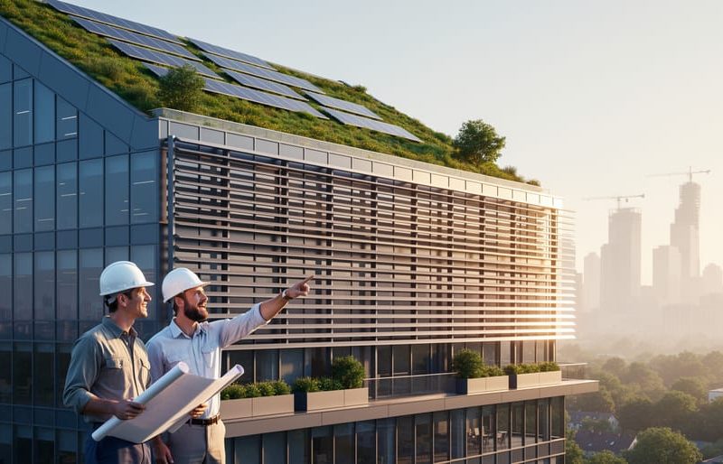 Two architects in hard hats point toward a modern office building featuring a green roof, rooftop solar panels, and shading fins, photographed from a low angle at golden hour with the city skyline softly in the background.