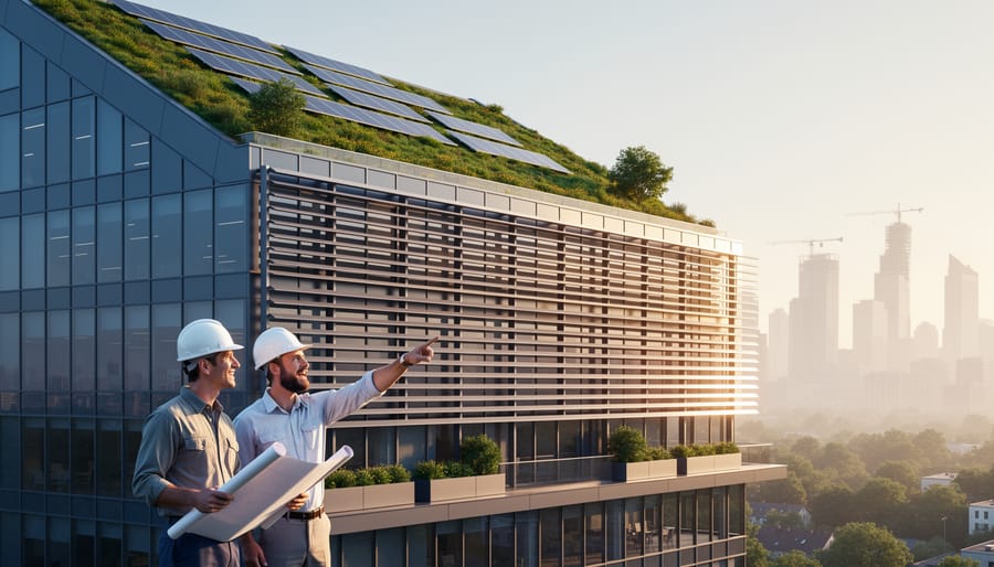 Two architects in hard hats point toward a modern office building featuring a green roof, rooftop solar panels, and shading fins, photographed from a low angle at golden hour with the city skyline softly in the background.
