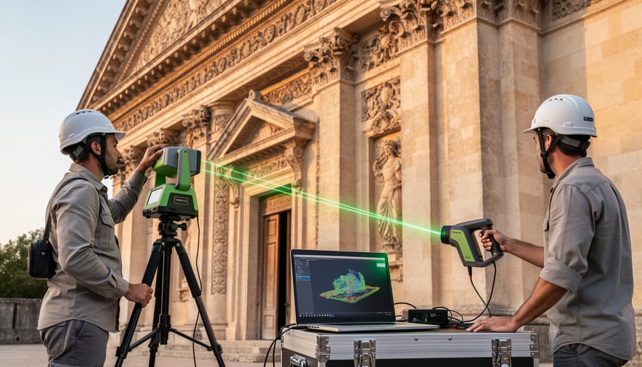 3D laser scanner capturing measurements of ornate Victorian plasterwork ceiling detail