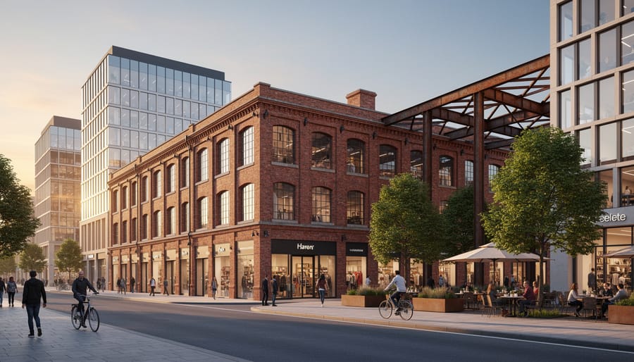 Restored historic brick warehouse facade with modern glass extension in urban setting