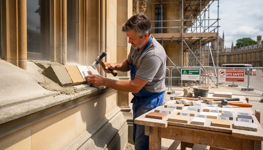 Stonemason's hands repointing historic limestone wall with traditional lime mortar