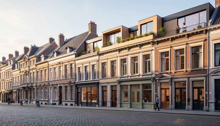 Aerial view of restored Georgian townhouse terrace with preserved facades and modern rooftop additions