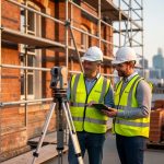 Preservation architect and structural engineer use a tripod-mounted 3D laser scanner in front of a braced historic brick facade at an urban redevelopment site, warm golden hour light, with scaffolding and pallets of salvaged terracotta softly blurred in the background.