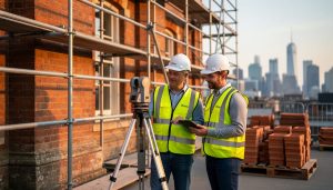 Preservation architect and structural engineer use a tripod-mounted 3D laser scanner in front of a braced historic brick facade at an urban redevelopment site, warm golden hour light, with scaffolding and pallets of salvaged terracotta softly blurred in the background.