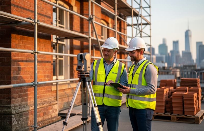 Preservation architect and structural engineer use a tripod-mounted 3D laser scanner in front of a braced historic brick facade at an urban redevelopment site, warm golden hour light, with scaffolding and pallets of salvaged terracotta softly blurred in the background.