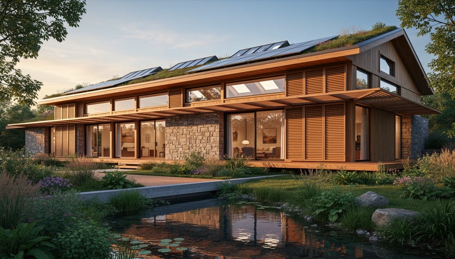 Contemporary sustainable building with timber cladding, large windows, and rooftop solar panels