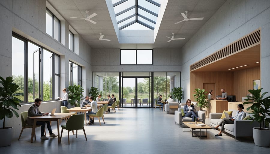 Naturally lit commercial interior showing passive ventilation features and thermal mass ceiling