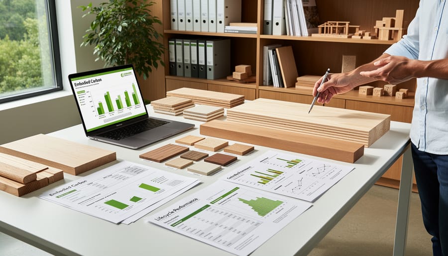 Construction worker examining cross-laminated timber panel showing natural wood grain and layered structure