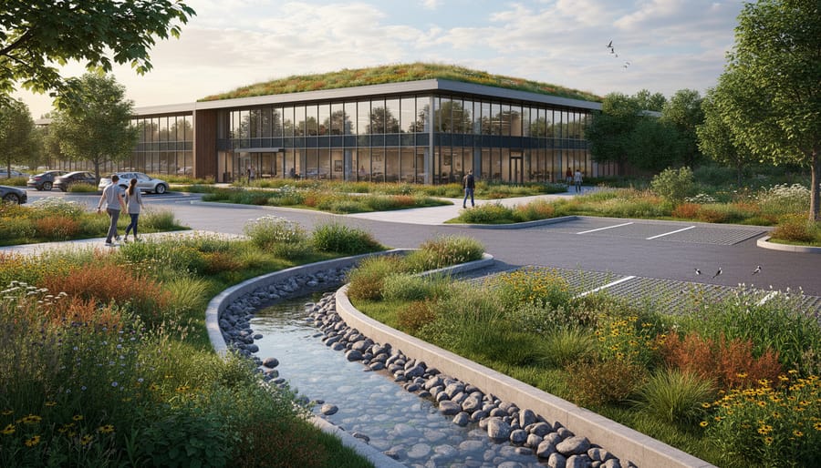 Residential development with integrated rainwater management featuring permeable surfaces and bioswale landscaping