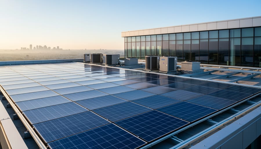 Commercial building rooftop featuring solar PV panels with HVAC equipment in the background
