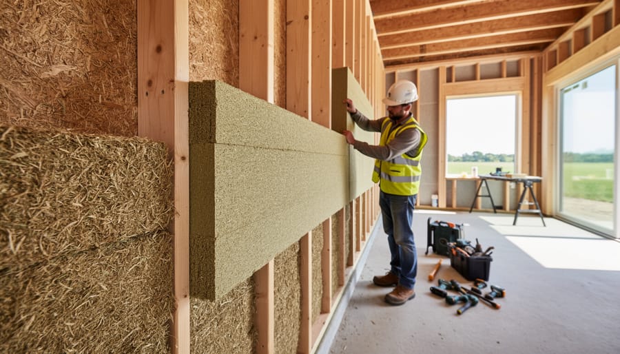 Hempcrete blocks and agricultural fiber insulation materials on a workbench at a construction site