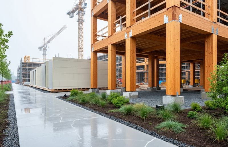 “Modern construction site with mass timber beams, advanced concrete elements, and modular building panels under soft daylight.”