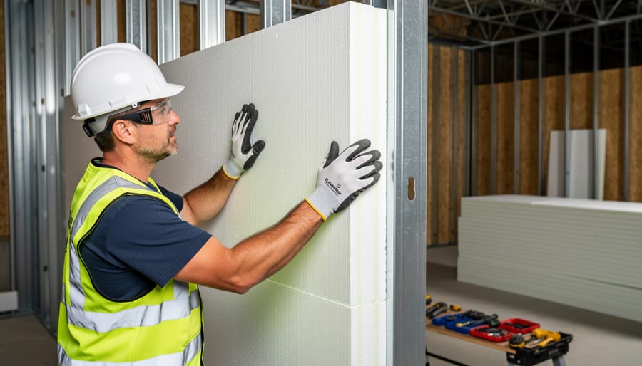 Worker inspecting rigid foam insulation installation on a building exterior.