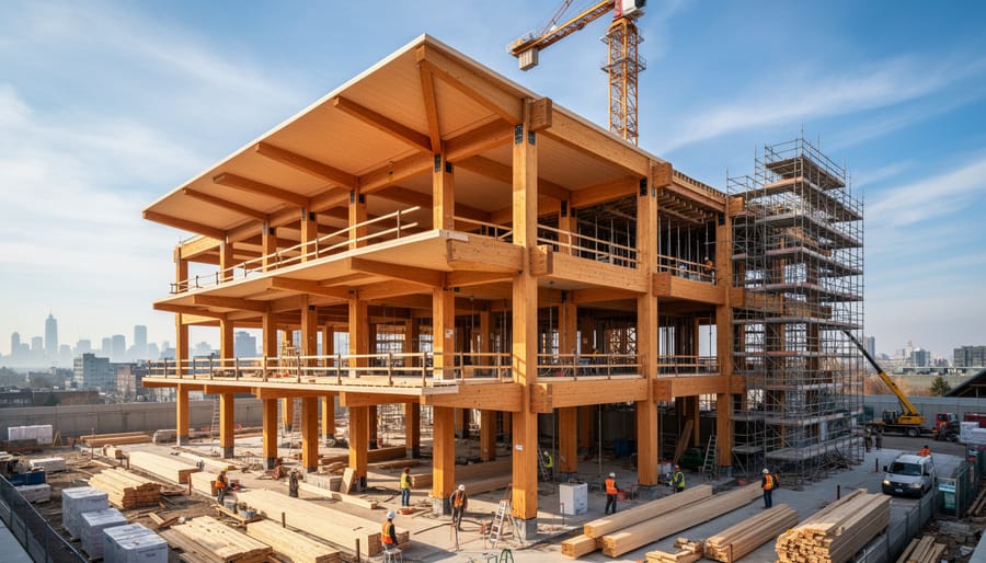 Low-angle view inside a mass timber building with exposed CLT panels and glulam beams