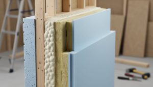 Layered wall insulation materials including closed-cell spray foam, rigid foam boards, and fiberglass batts arranged to represent an energy-efficient building assembly.