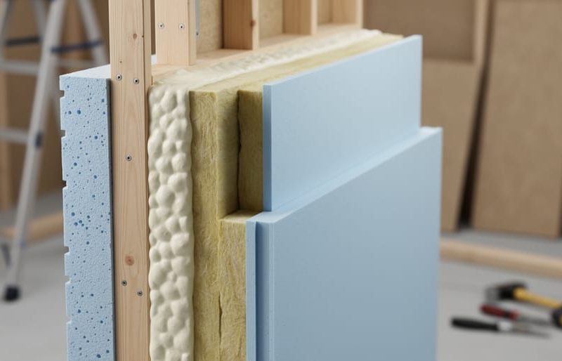 Layered wall insulation materials including closed-cell spray foam, rigid foam boards, and fiberglass batts arranged to represent an energy-efficient building assembly.