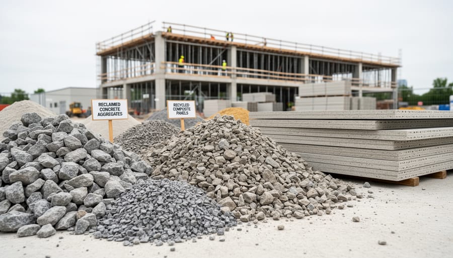 Reclaimed concrete aggregate and recycled composite panels stacked at a construction site