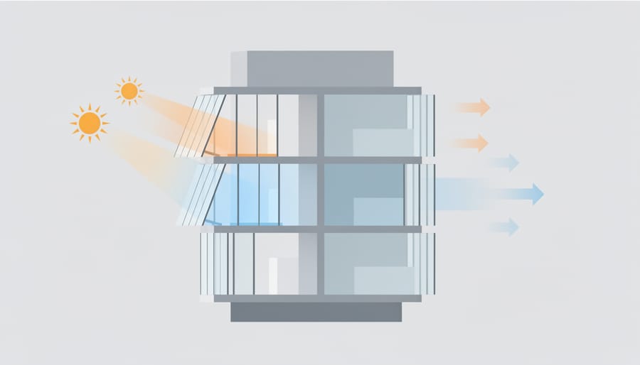 Low-angle view of a modern smart building façade with electrochromic glazing and metal framing
