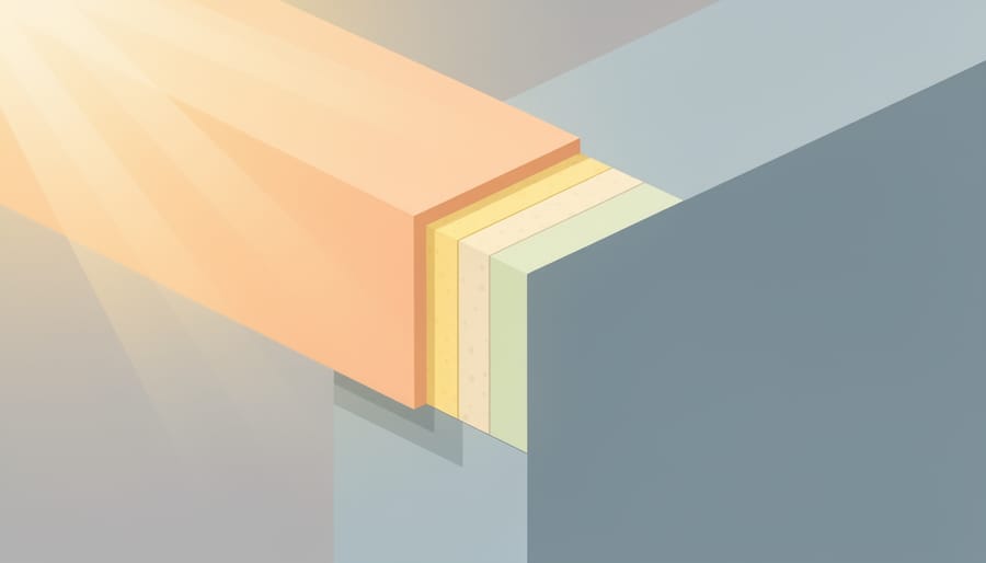 Sunlit insulated window or wall corner showing multilayer building envelope materials.