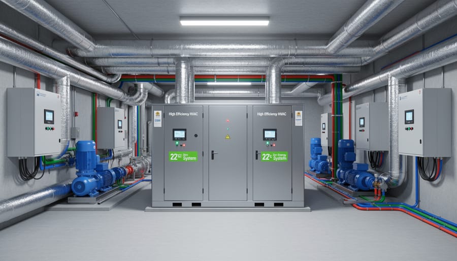 Technician inspecting a ground-source heat pump system with insulated piping in a mechanical room