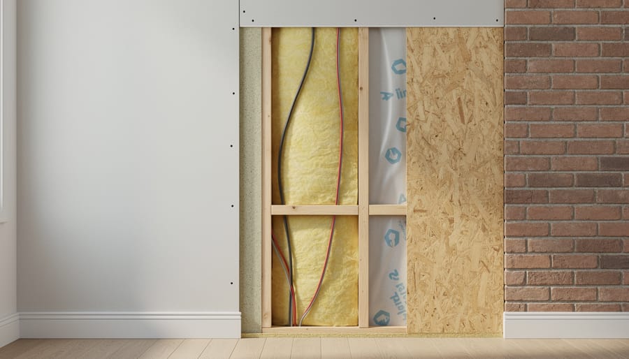 Partially constructed wall assembly with insulation installed in stud bays.