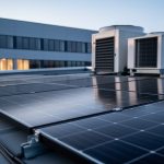 Modern commercial building roof with solar photovoltaic panels and an advanced rooftop HVAC unit in blue-hour lighting