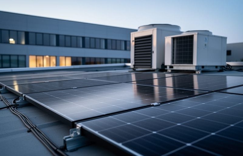 Modern commercial building roof with solar photovoltaic panels and an advanced rooftop HVAC unit in blue-hour lighting
