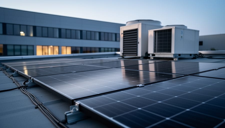 Modern commercial building roof with solar photovoltaic panels and an advanced rooftop HVAC unit in blue-hour lighting